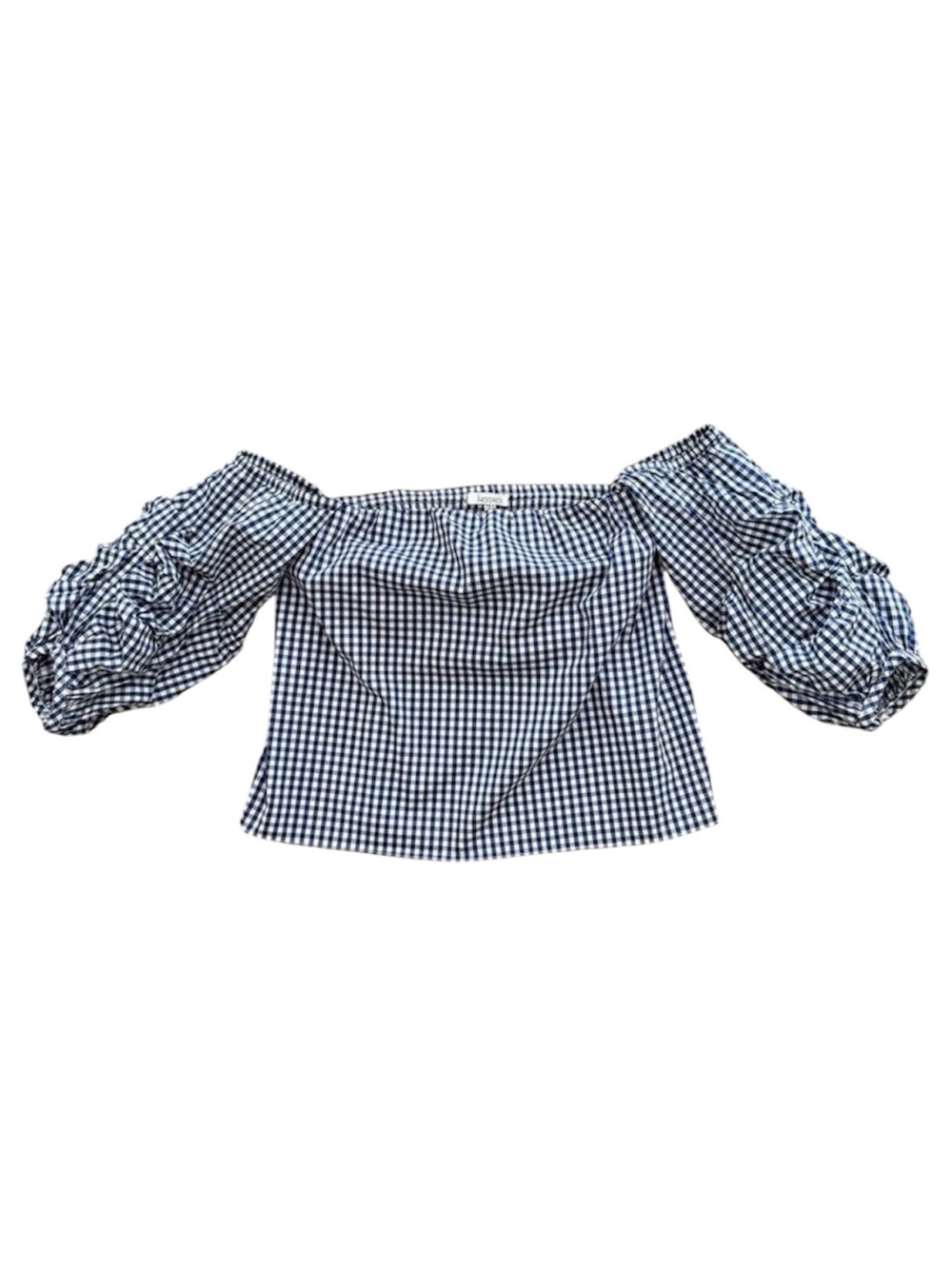 Lucy Paris Blue Gingham Off The Shoulder Smocked Puff Sleeve Crop Top Small